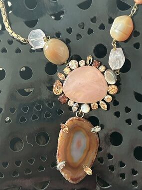 Philippe Ferrandis Handcrafted Pink and Brown Agate Statement Necklace Vintage